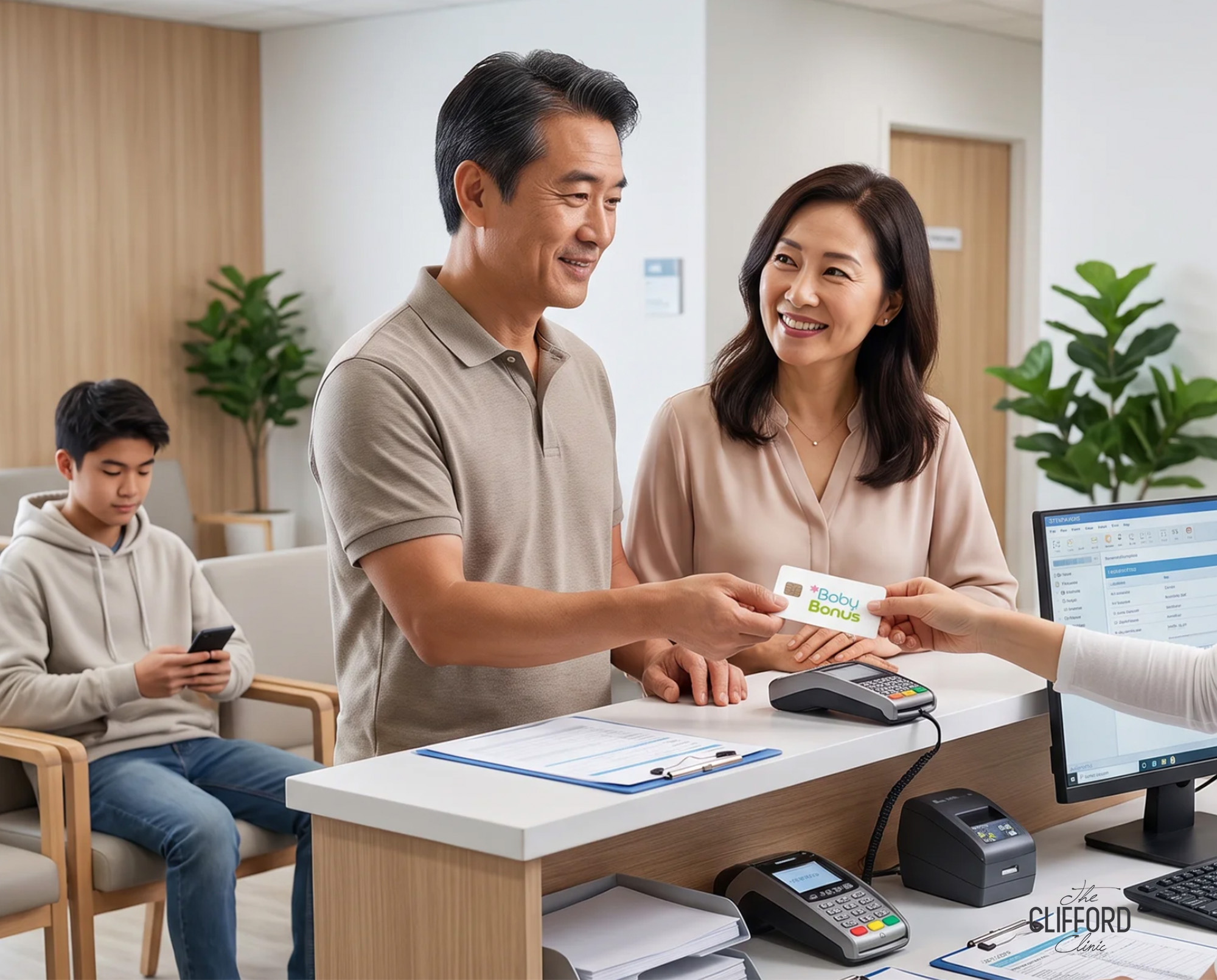 Parent paying for teenage acne treatment with the Baby Bonus CDA card at The Clifford Surgery, Singapore